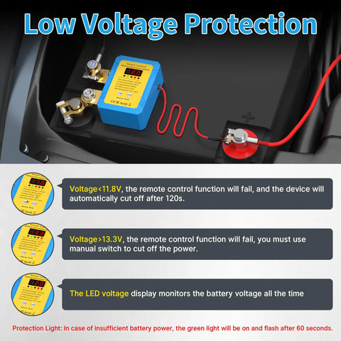 Heavy Duty 12V Car Kill Switch With Remote Battery Disconnect, 240A Peak, LED Voltage Display showing low voltage protection