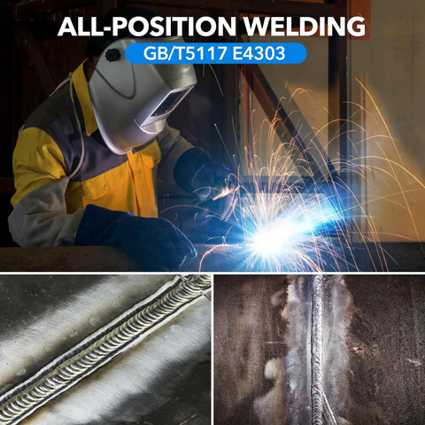 One Eighth Inch Carbon Steel Welding Rods For Stick Electrodes 4.5 Lb Pack Great For All Position Arc Welding On AC Power With Deep Penetration And Smooth Spray Transfer For Pro Welders, welding arc and bead examples