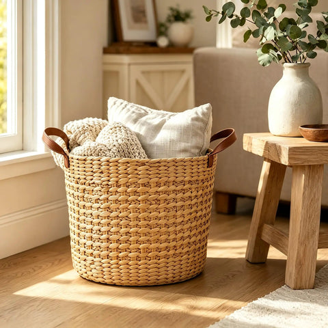 Large Water Hyacinth Storage Basket 15.7 Inch woven seagrass bin with sturdy design, filled with blankets and cushions, next to a sofa.