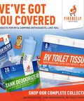 Product display with RV toilet tissue pack labeled Fast Dissolving Two Ply RV Toilet Paper That Is Septic Tank Safe Made In USA Eight Roll Pack With Five Hundred Sheets Each Biodegradable Bath Tissue For Camping Marine And RV Holding Tanks Soft Yet Durable.