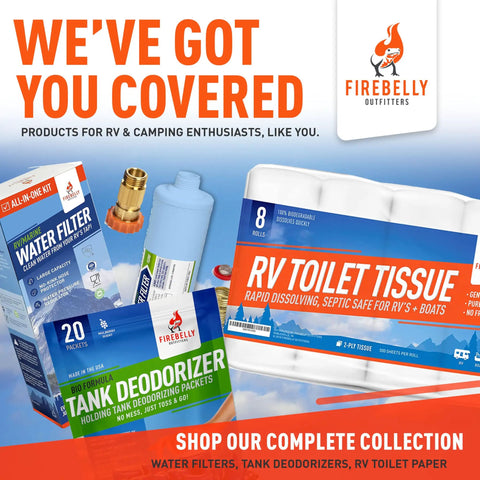 Product display with RV toilet tissue pack labeled Fast Dissolving Two Ply RV Toilet Paper That Is Septic Tank Safe Made In USA Eight Roll Pack With Five Hundred Sheets Each Biodegradable Bath Tissue For Camping Marine And RV Holding Tanks Soft Yet Durable.