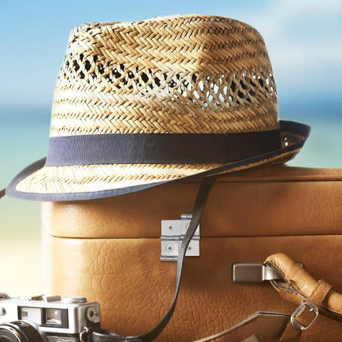 Straw hat with black band resting on brown leather suitcase with vintage camera, beach in background
