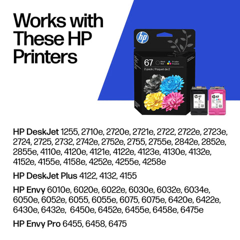 Solid 67 Ink Cartridges Two Pack Black Plus Tri Color Combo Brings Top Shelf Prints And Vibrant Shades Every Time Without Any Fuss On DeskJet And Envy Printers Instant Ink Ready For Real Life with printer compatibility list.