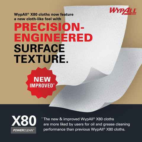 PowerClean X80 Heavy Duty Cloths And Wipes Jumbo Roll 455 Sheets White with new precision-engineered surface texture