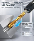 Close-up of the All-In-One Drill Tap Bit Set 6-Piece HSS Titanium-Coated SAE 3-In-1 for threading metal block.