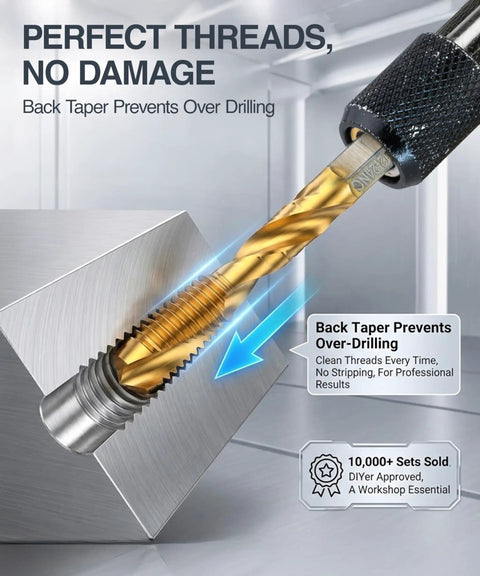 Close-up of the All-In-One Drill Tap Bit Set 6-Piece HSS Titanium-Coated SAE 3-In-1 for threading metal block.