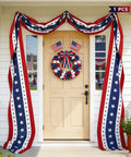 Red White And Blue Vibe Patriotic Flag Bunting Outdoor Door Decor 20ft To 25ft For Memorial Day And Fourth Of July displayed on a door