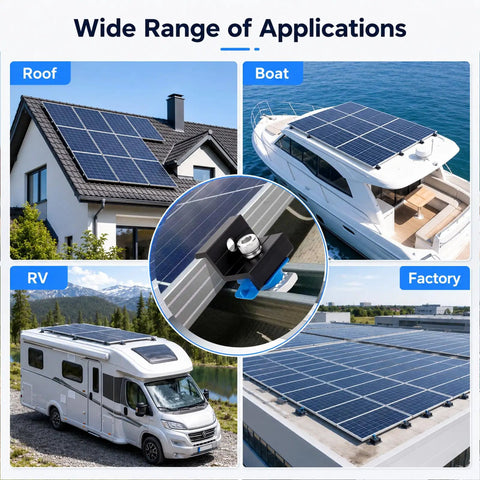 Heavy Duty Solar Panel End Clamp Kit With Anodized Aluminum Brackets And Stainless Screws For Rock Solid Roof Mounts Complete 20 Piece Diy Racking System Built Tough For Zero Sweat Installations Ready To Go applied on roof, boat, RV, and factory.