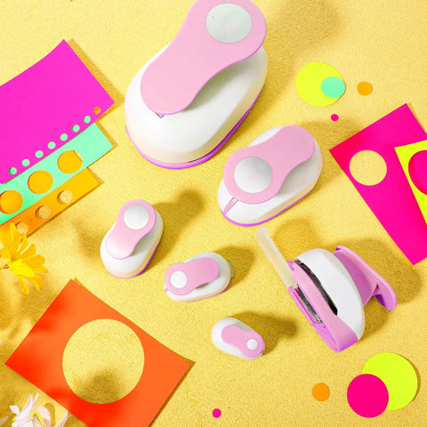 Dope 6 Piece Circle Punch Set for scrapbooking and crafts, includes six pink punches and colorful sticker papers on yellow background