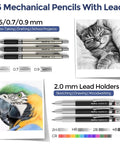 Detailed view of 6 mechanical pencils included in All In One 50 Piece School Supplies Stationery Set With Pencil Case, 6 Gel Pens And Refills.