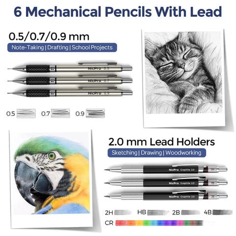 Detailed view of 6 mechanical pencils included in All In One 50 Piece School Supplies Stationery Set With Pencil Case, 6 Gel Pens And Refills.