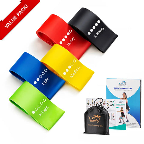 Heavy Duty Resistance Loop Bands Set Of 5 With Travel Pouch And Instruction Guide For Full Body Conditioning Core Strengthening And Flexibility Training To Help You Crush Your Daily Gym Hustle with colorful bands.