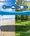Big 14x11 Foot Beach Shade Shelter With UPF50 Protection setup on beach and park, showing sandbags and grass pegs.