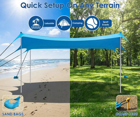 Big 14x11 Foot Beach Shade Shelter With UPF50 Protection setup on beach and park, showing sandbags and grass pegs.