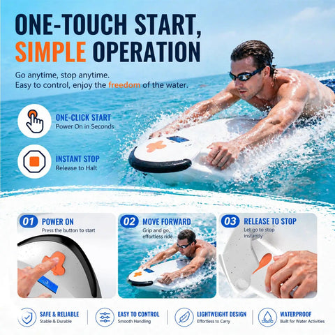 Man riding 2 In 1 Water Scooter And Surfboard For Pool Lake Ocean With 6000W Propulsion Two Speed Modes Five Meter Dive Depth Super Easy Control Swim Board For Adults Now