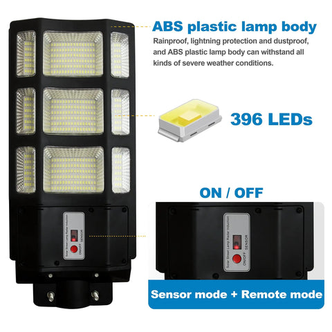300W Solar Street Light With Dusk To Dawn Feature, Motion Sensor, And Remote Control, 30000 Lumens IP67 Waterproof Outdoor