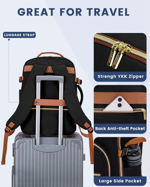 Rear view of 40L Go-To Travel Backpack For Women And Men, Airline Approved Carry-On showing luggage strap and anti-theft pocket.