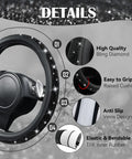 Fresh Bling Diamond Leather Steering Wheel Cover Loaded With Sparkly Crystal Rhinestones Universal Fit for Rides Trucks and SUVs close-up details on grip and design.