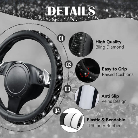 Fresh Bling Diamond Leather Steering Wheel Cover Loaded With Sparkly Crystal Rhinestones Universal Fit for Rides Trucks and SUVs close-up details on grip and design.