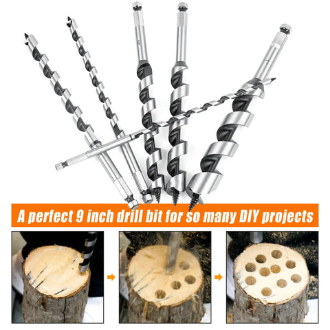 Six Piece Nine Inch Long Auger Drill Bit Set For Wood, Hex Shank, displayed with wood drilling demo