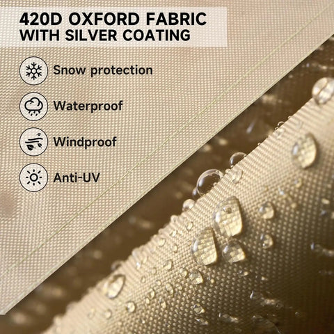 Close-up of 420D Oxford fabric showing waterproof and UV protection features for heavy duty waterproof patio lounge chair cover.