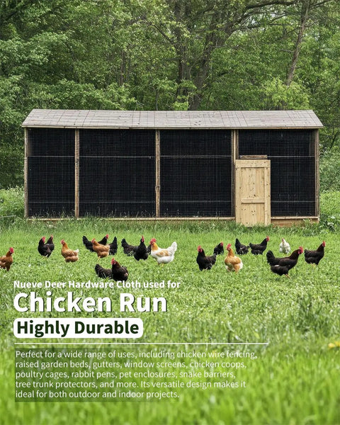 Top Shelf Black Vinyl Coated Galvanized Steel Hardware Cloth Wire Mesh 1/2 Inch 48 By 50 Feet 19 Gauge Rust Proof Outdoor Chicken Coop Kennel Garden Run Fencing Roll in a sturdy chicken run with multiple hens.