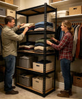 Heavy Duty Garage Shelving 2100 Lbs Capacity With Thick Steel Frames And Reinforced MDF Shelves used for organizing clothes in a closet.