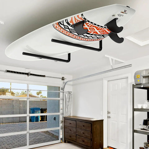 3 In 1 Overhead Garage Ceiling Rack For Paddleboards Surfboards And Kayaks Plus Wall Mount And Ladder Hanger With Non Slip Padding For Canoes Snowboards And More installed in garage