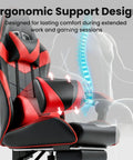 Ergonomic Gaming Chair With Footrest And Lumbar Support, Height Adjustable Office Chair With 360 Degree Swivel And Padded Headrest, Red And Black Color For Long Gaming Sessions, Pro Grade Comfort And Posture Support with lumbar features highlighted.