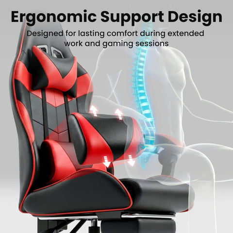 Ergonomic Gaming Chair With Footrest And Lumbar Support, Height Adjustable Office Chair With 360 Degree Swivel And Padded Headrest, Red And Black Color For Long Gaming Sessions, Pro Grade Comfort And Posture Support with lumbar features highlighted.