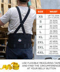 Man wearing ProFlex 1600 Back Support Brace With 9 Inch Extended Support, high cut front, black suspenders, size chart beside