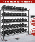 Beefy 5 Tier Wire Shelving Unit With Wheels Heavy Duty 48W X 24D X 72H Adjustable Garage Pantry Kitchen Storage, Metal Shelving System, 3200 Lbs Static Load, 640 Lbs Per Shelf. 5-tier wire rack with dumbbells and locking casters
