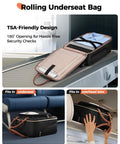 Underseat Carry On Luggage With Spinner Wheels 16 Inch open showing compartments on airplane seat and overhead bin.