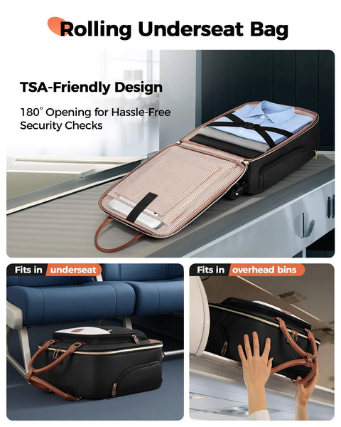 Underseat Carry On Luggage With Spinner Wheels 16 Inch open showing compartments on airplane seat and overhead bin.