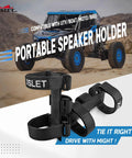 Rugged UTV Speaker Mount For JBL Charge 5 6 And Flip 5 6 with non-slip strap, easy clamp, displayed against off-road vehicle backdrop.