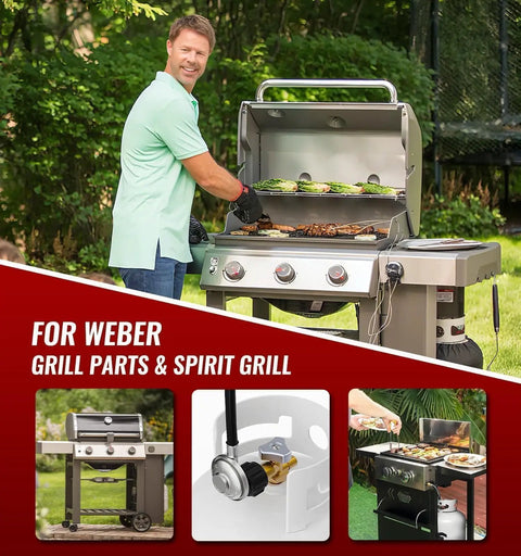 Man grilling on a Weber Spirit with 24 Inch Weber Grill Hose and Regulator Kit for Genesis Spirit Summit Grills