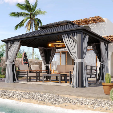 10x12 Outdoor Gazebo With Double Galvanized Steel Roof, Rust Resistant Patio Pavilion, Ventilated Top, Breathable Netting And Privacy Curtains For Backyard Gray Built To Last