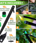 12 Pack Drip Irrigation Emitters For One Quarter Inch Tubing 360 Degree Adjustable Flow Includes Barbed Couplings And Extra Sprinkler Heads Easy Clip On Irrigation Kit For Garden Systems showing components and assembly steps
