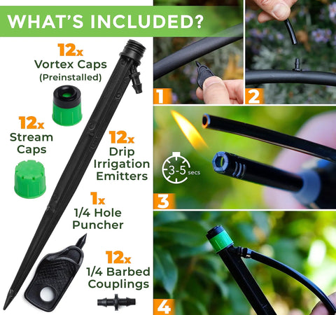 12 Pack Drip Irrigation Emitters For One Quarter Inch Tubing 360 Degree Adjustable Flow Includes Barbed Couplings And Extra Sprinkler Heads Easy Clip On Irrigation Kit For Garden Systems showing components and assembly steps