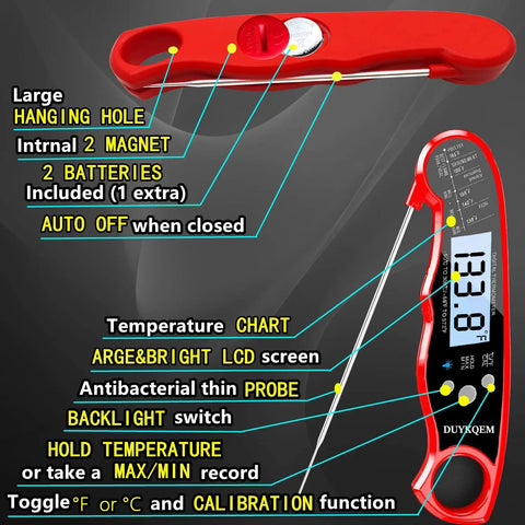 Red Instant Read Digital Meat Thermometer 2 Pack Waterproof Kitchen Probe With Backlight And Easy Calibration For Grilling BBQ