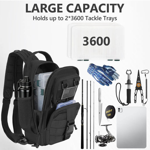 Dope Fishing Sling Backpack with rod holder, gear organizer, and tackle trays for men and women, ideal outdoor gear carrier