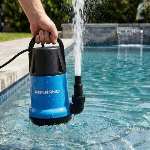 Person using Light Blue 1HP Submersible Sump Pump with 3700 GPH Flow for Clean or Dirty Water in a pool, quick setup.