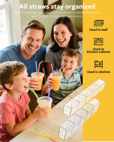 Slick 9.5 Inch Acrylic Straw Organizer Clips Securely To Cabinet Doors With Extra Grippy Adhesive Strips Features Sloped Drainage Base keeps straws organized while family enjoys drinks.