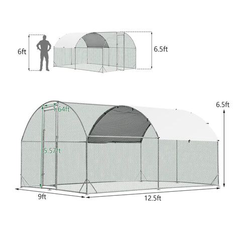 Diagram of Heavy Duty 12.5 Foot Metal Chicken Coop with Galvanized Walk In Run and Waterproof PE Cover Dome Shaped Poultry Cage