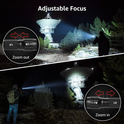 Compact LED Flashlight With Ultra Bright Output Waterproof Build Adjustable Focus For Outdoor Adventures And Emergency Use AAA Batteries Included Handy Pocket Size Great For Camping Tactical Gear, demonstrating adjustable focus beam in nighttime forest