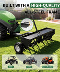48-Inch Tow Behind Plug Aerator With 150 Lb Weight Tray, 24 Steel Tines and Inflatable Wheels connected to a lawn tractor