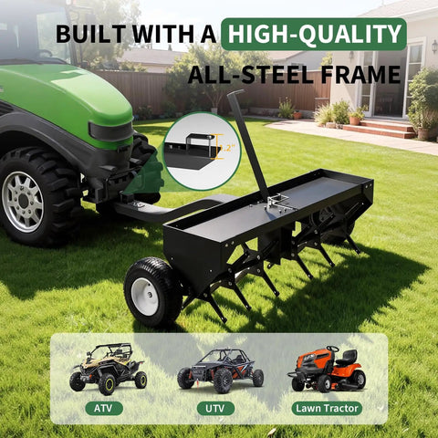 48-Inch Tow Behind Plug Aerator With 150 Lb Weight Tray, 24 Steel Tines and Inflatable Wheels connected to a lawn tractor