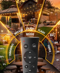 LED Outdoor String Lights 25Ft With Edison Shatterproof Bulbs illuminating a backyard with remote control and timer settings.