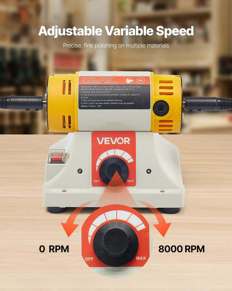 Image of a benchtop buffer polisher with half horsepower motor and 0 to 8000 RPM adjustable speed, showcasing control dial.