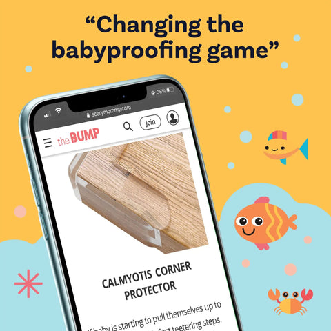 Smartphone displaying a page about Premium PVC Corner Protectors For Baby Safety 18 Pack Clear Edge Guards with playful background.